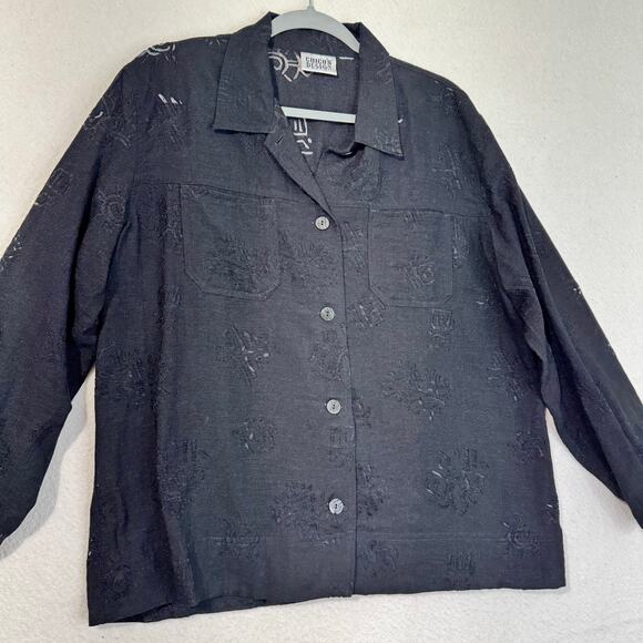 Chico’s Black Burnout Primal Print Textured Button-Up Boxy Shirt Large 90s VTG - Picture 3 of 7